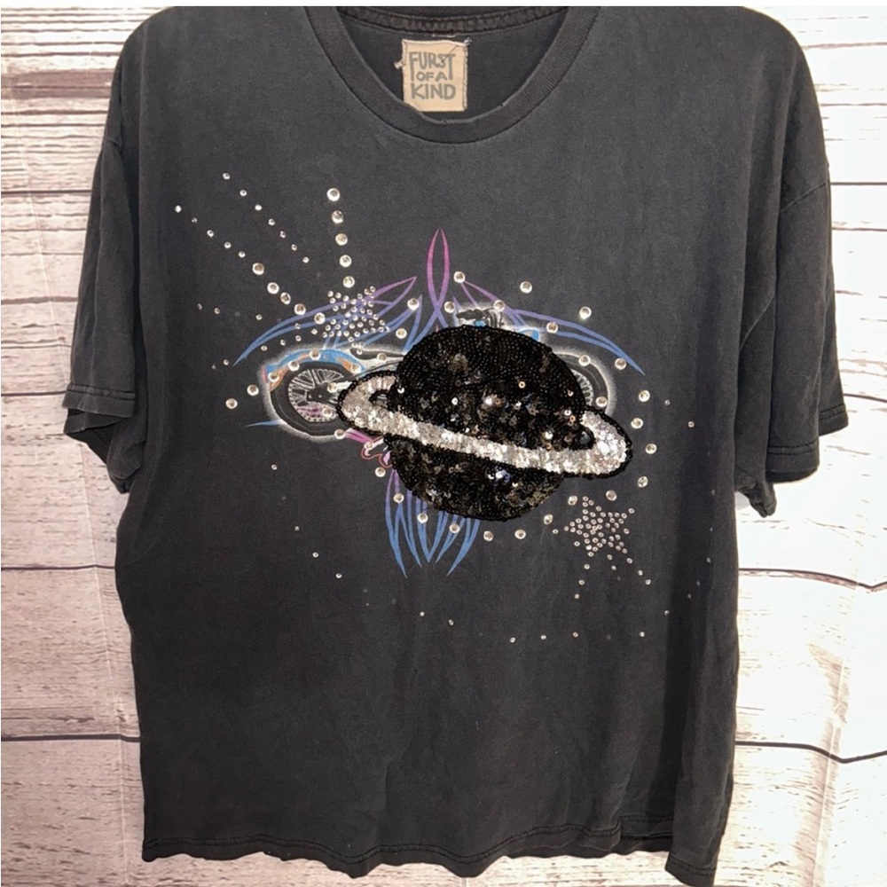 Furst Of A Kind Black Short Sleeve Sequin Planet Tee